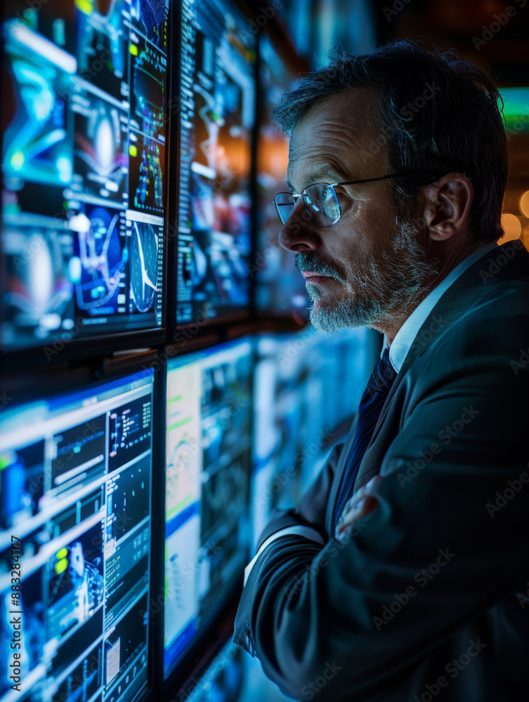 Businessman Analyzing Data on Multiple Screens in a Modern Office Environment Businessman Analyzing Data on Multiple Screens in a Modern Office Environment
