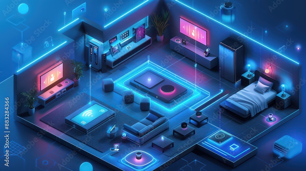 Modern living space filled with various smart home devices, smart lights. Modern living space filled with various smart home devices, smart lights.