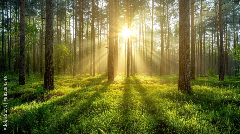 Fototapeta premium Sunlight streaming through a serene forest with tall trees and lush green grass, creating a peaceful and natural landscape.