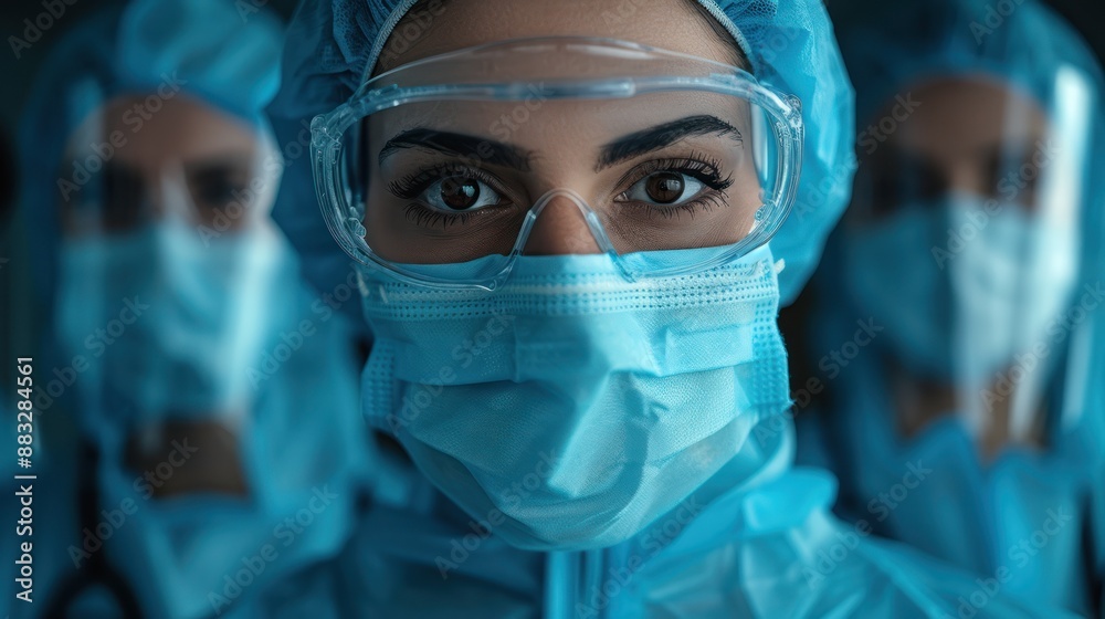 Team of healthcare professionals in protective gear, focusing on the central figure, portraying determination and readiness in a medical environment. Team of healthcare professionals in protective gear, focusing on the central figure, portraying determination and readiness in a medical environment.