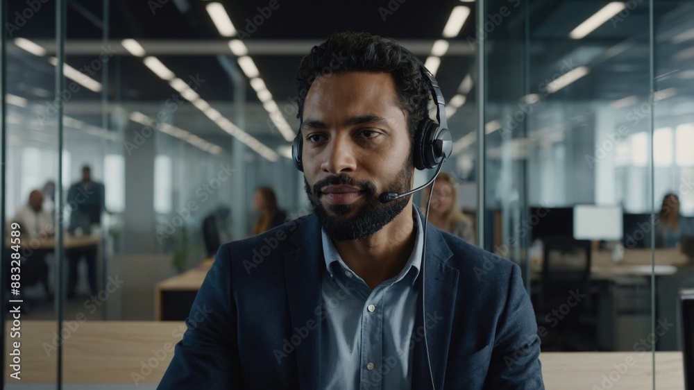 A focused customer service representative wearing a headset, working in a modern office with glass walls and colleagues in the background.
A focused customer service representative wearing a headset, working in a modern office with glass walls and colleagues in the background.