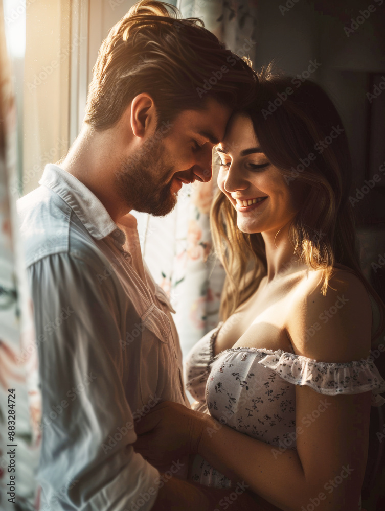 Romantic Couple Embracing by Sunlit Window in Cozy Home Setting with Warm Smiles Romantic Couple Embracing by Sunlit Window in Cozy Home Setting with Warm Smiles