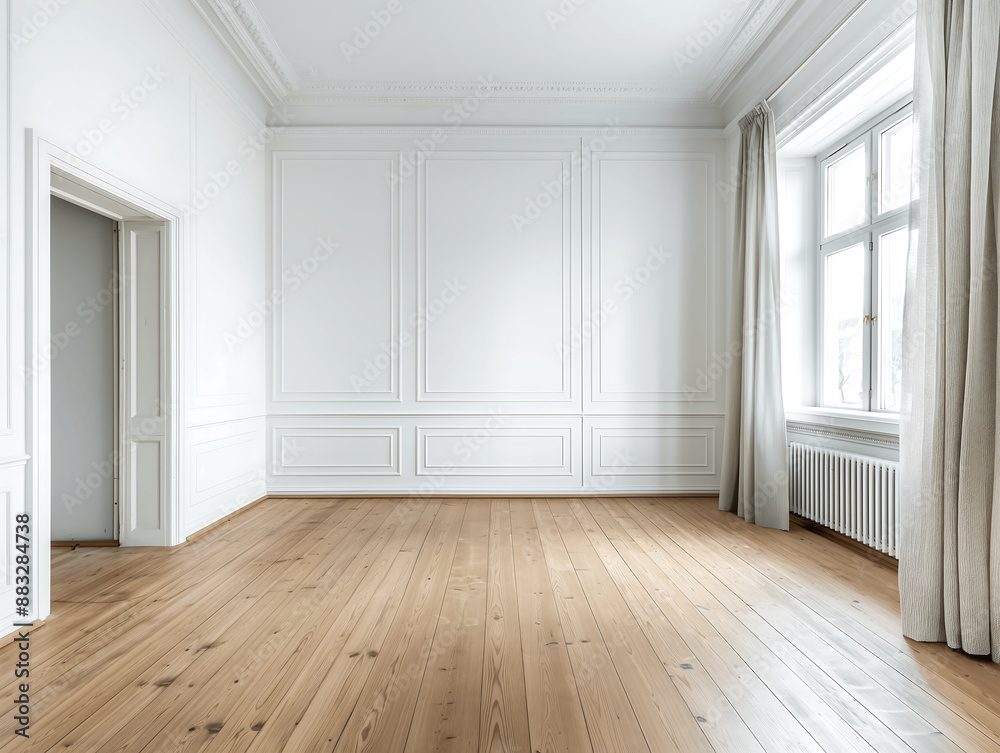 Spacious Empty Room with White Paneled Walls, Wooden Flooring, and Large Windows Spacious Empty Room with White Paneled Walls, Wooden Flooring, and Large Windows