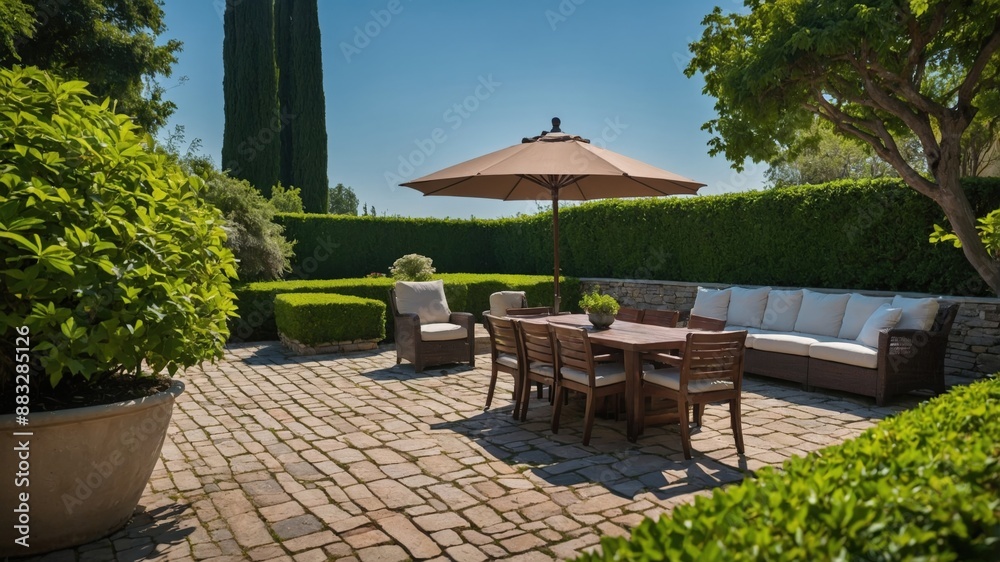 A serene outdoor patio with comfortable seating, a large umbrella, and lush greenery, creating a perfect space for relaxation and social gatherings.
A serene outdoor patio with comfortable seating, a large umbrella, and lush greenery, creating a perfect space for relaxation and social gatherings.