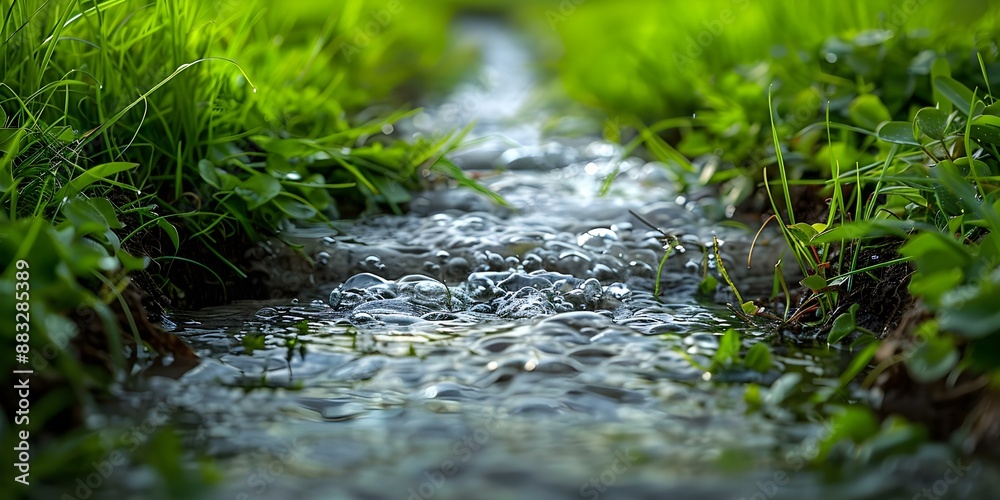 Rainwater flows in drainage ditch to outlet pipe nourishing healthy green grass. Concept Landscape Photography, Water Conservation, Sustainable Drainage, Green Infrastructure, Nature's Resilience Rainwater flows in drainage ditch to outlet pipe nourishing healthy green grass. Concept Landscape Photography, Water Conservation, Sustainable Drainage, Green Infrastructure, Nature's Resilience