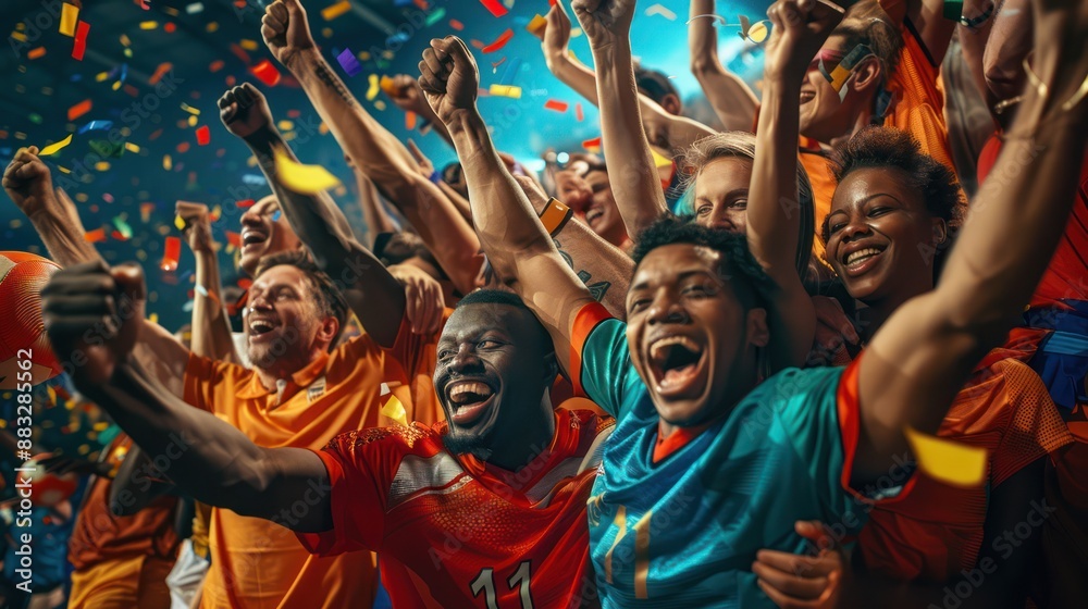 Team of athletes celebrating victory in sports competition Team of athletes celebrating victory in sports competition