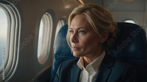 A businesswoman in a suit sits by the airplane window, looking thoughtful as she travels, with the sky visible outside. 