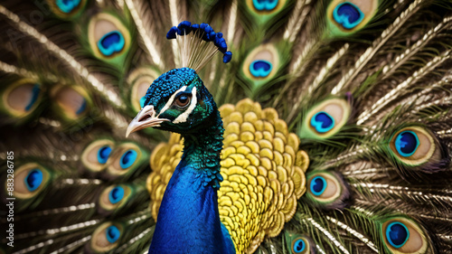 A male peacock with the wheel of his tail feathers fanned out during courtship display