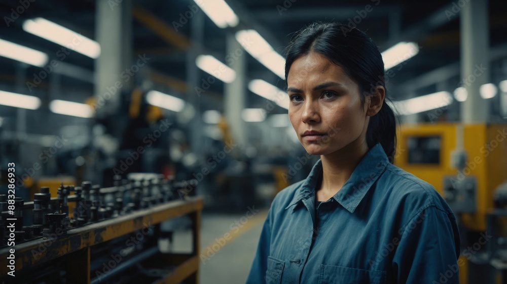 A focused female worker in a blue uniform stands in an industrial factory, surrounded by machinery and tools.
A focused female worker in a blue uniform stands in an industrial factory, surrounded by machinery and tools.