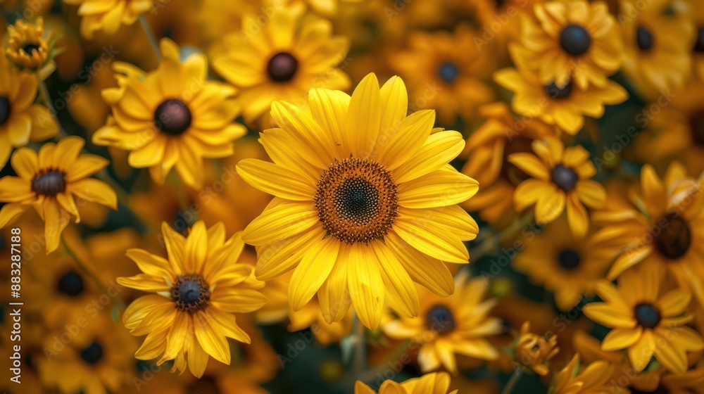 Yellow sunflower in the middle of a field of yellow flowers Yellow sunflower in the middle of a field of yellow flowers