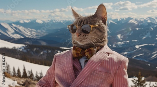 Sophisticated cat in a pink pinstripe suit and bow tie sporting trendy sunglasses posing coolly with a scenic mountain view in the background