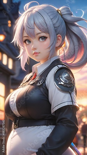 Serene anime girl with silver hair in ponytail and glowing eyes at sunset with lanterns photo