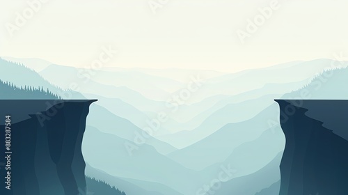 Abstract surreal landscape with two cliffs opposing each other, vividly illustrating a large gap or chasm with foggy mountains in the background.
