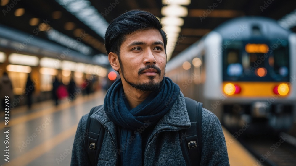 A man in a coat and scarf waits at a train station platform, with a train approaching in the background, capturing a moment of urban transit.
A man in a coat and scarf waits at a train station platform, with a train approaching in the background, capturing a moment of urban transit.