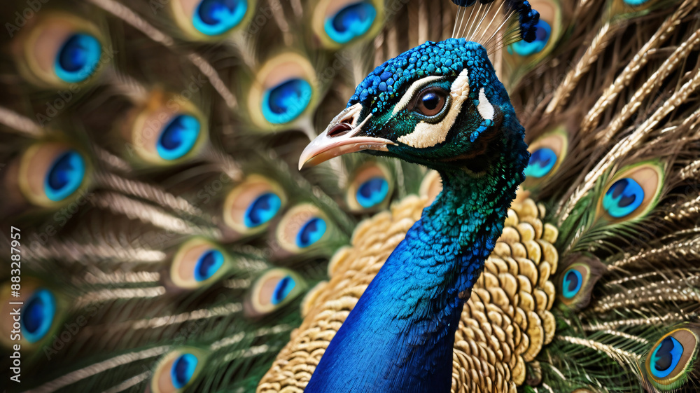 Obraz premium A male peacock with the wheel of his tail feathers fanned out during courtship display