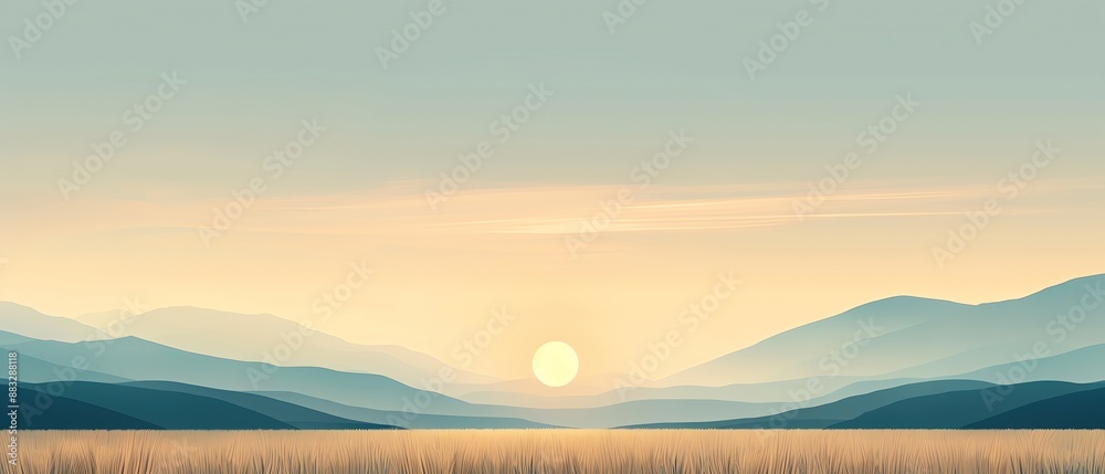 Obraz premium Serene sunrise over misty mountain range with calm sky and peaceful landscape. Perfect for nature, travel, and tranquility themes.