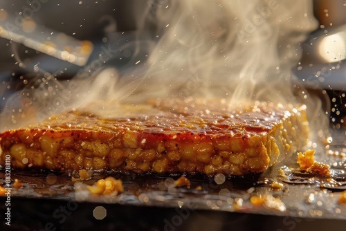sizzling tempeh sandwich on griddle spatula pressing down crisp golden exterior steam rising as aromatic spices fill the air capturing culinary craftsmanship