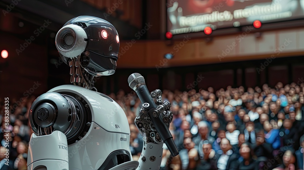 Fototapeta premium Futuristic Robot Speaking in Front of Audience