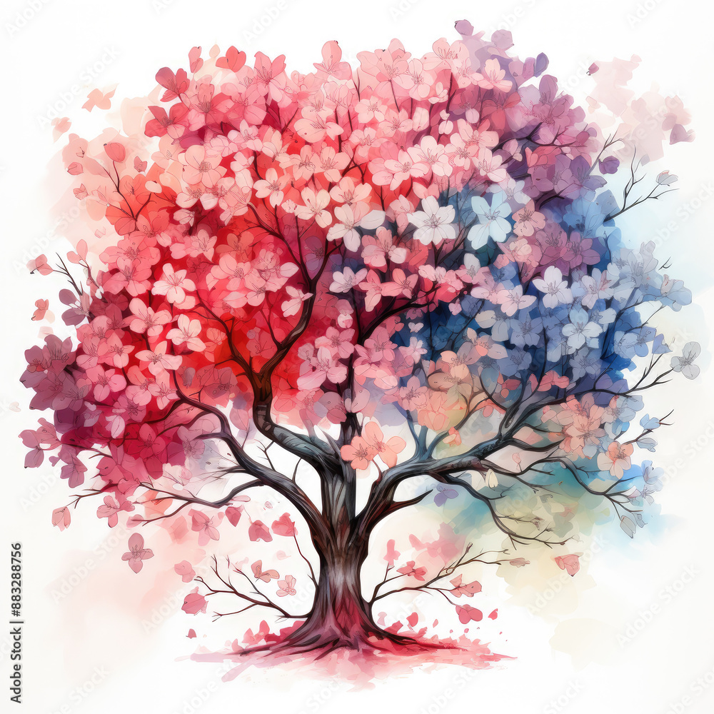 Watercolor Abstract Blossom Tree Illustration, Generative Ai Watercolor Abstract Blossom Tree Illustration, Generative Ai