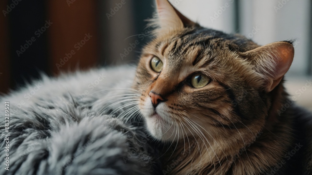 Naklejka premium Tabby cat lying on a fluffy blanket indoors, looking intently into the distance with a calm and relaxed demeanor. 