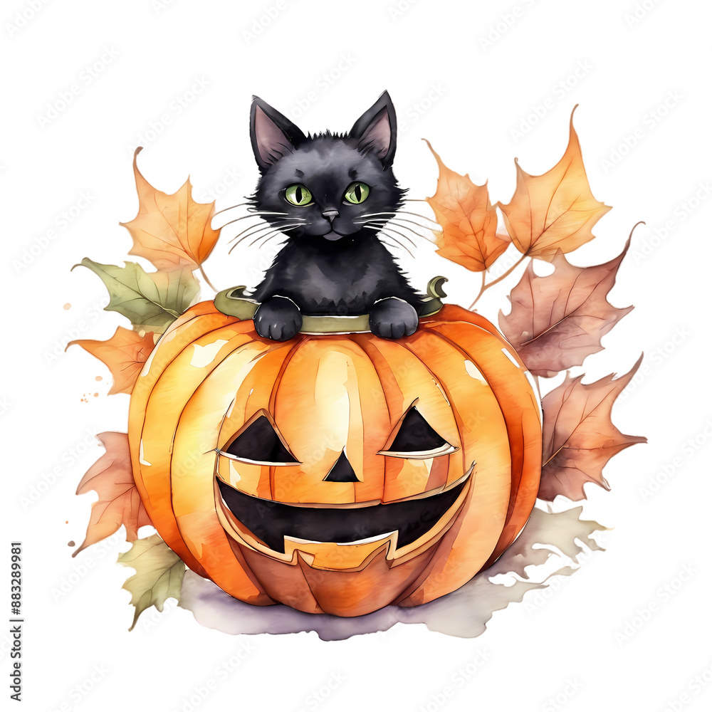 Cute black cat sitting inside a carved pumpkin with autumn leaves ...