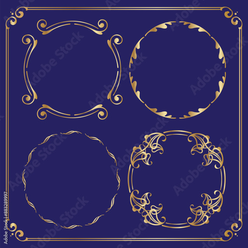Collection of circle gold frames.  Vector illustration.