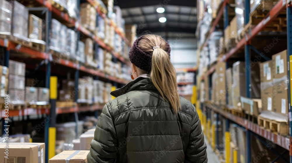 Fototapeta premium Back view of a worker ensuring all packages are correctly labeled in a warehouse, [employee, inspection, warehouse, back view]