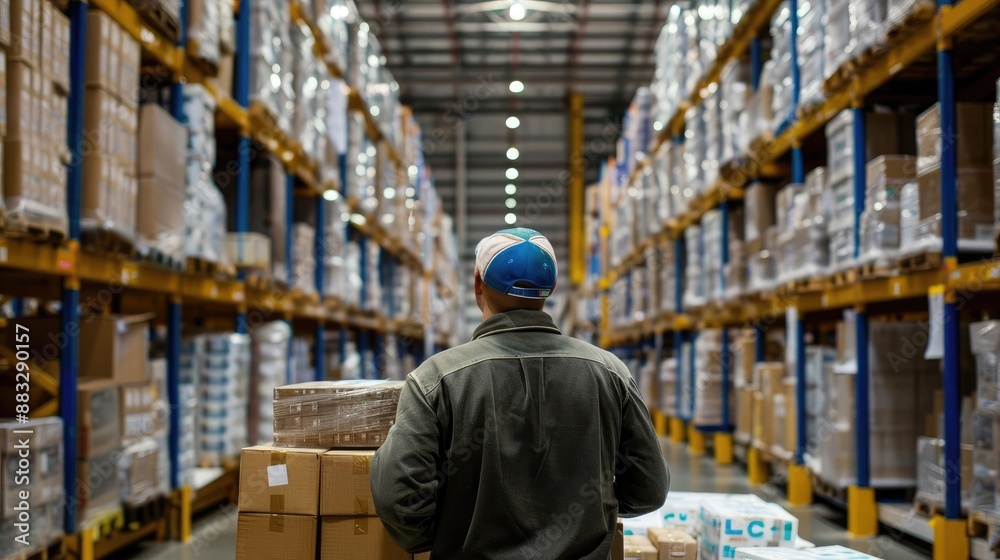 Back view of an employee inspecting stacked boxes in a vast warehouse, industrial environment, [employee, inspection, warehouse, back view]