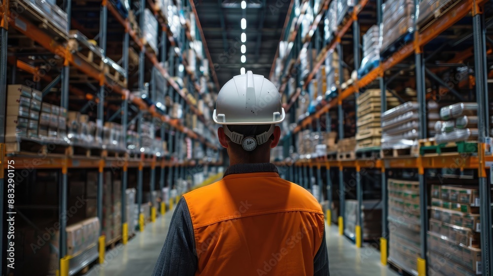 Employee in a hard hat checking items in a vast warehouse storage area, [employee, inspection, warehouse, back view]