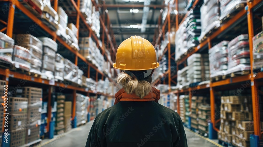 Employee in a hard hat checking items in a vast warehouse storage area, [employee, inspection, warehouse, back view]