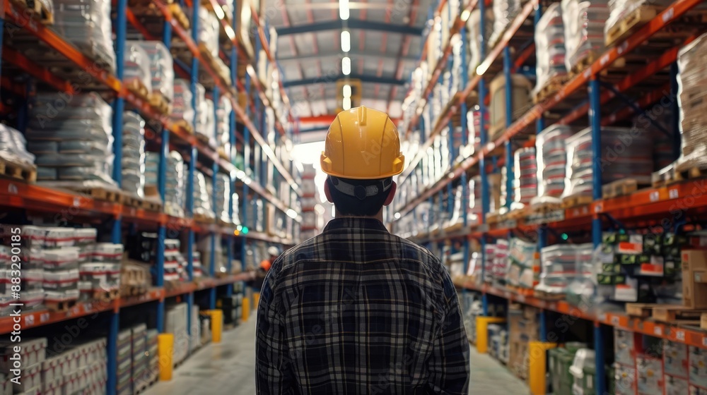 Employee in a hard hat checking items in a vast warehouse storage area, [employee, inspection, warehouse, back view]