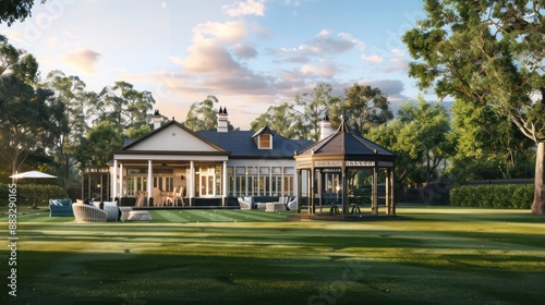 Suburban Colonial home with a backyard cricket field, complete with a traditional pavilion for afternoon teas during matches © Abdul