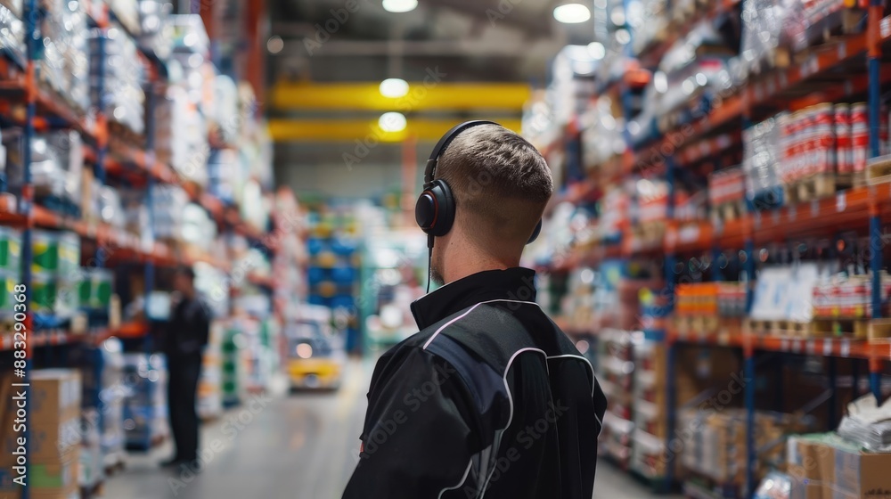 Supervisor with a headset coordinating stock inspection in a busy warehouse, [employee, inspection, warehouse, back view]