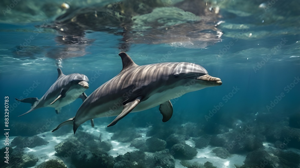 Naklejka premium Dolphins in the ocean, undersea world