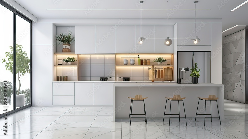 Fototapeta premium Modern Kitchen Interior with Natural Light,Contemporary White Kitchen with Wooden Details 