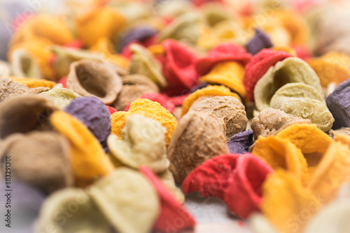 Close up of colorful orichette pasta. Selective focus. Bari, ITALY photo