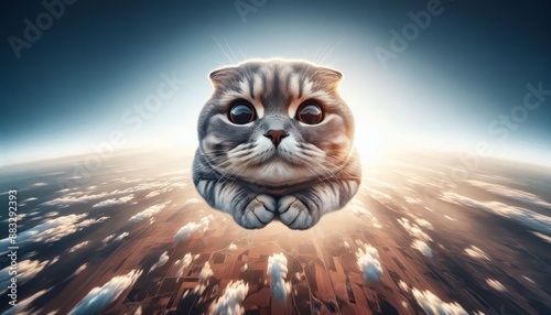 Adorable Cat Floating in Clouded Sunset Sky, Radiant Atmosphere - A cute cat floats in a stunning sunset sky filled with clouds, creating a peaceful and surreal atmosphere. photo