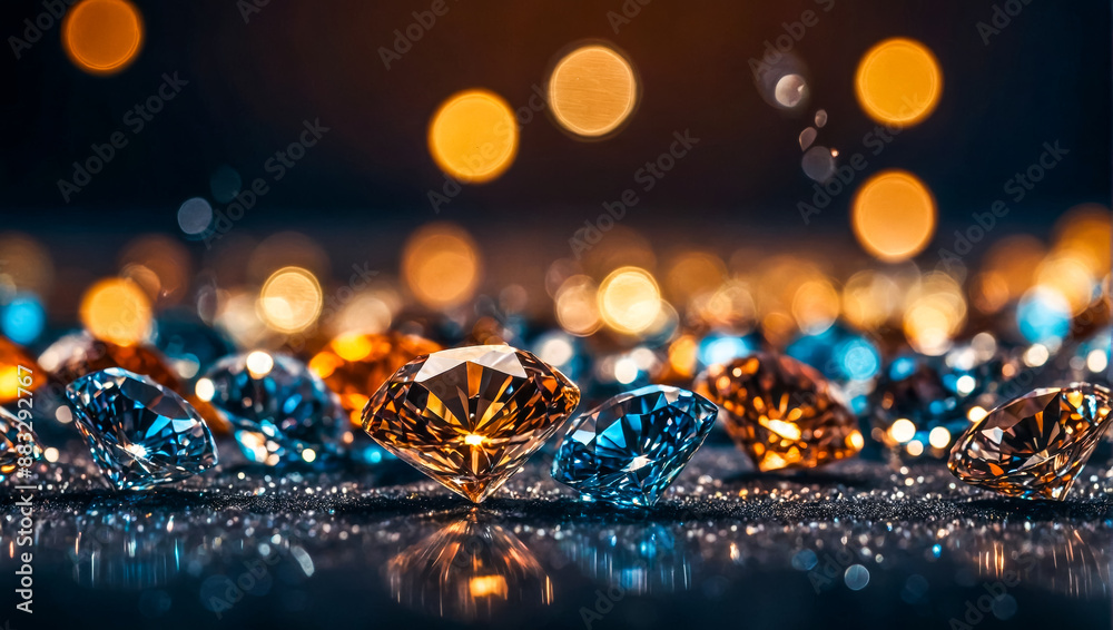 Diamond Group placed on dark blurred background and reflective surface Diamond Group placed on dark blurred background and reflective surface