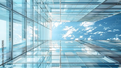 Wall of building  modern architecture with metal elements  building with transparent ceiling  sky view. Modern house  office  building  with metal wall and open sky. 3D render. 