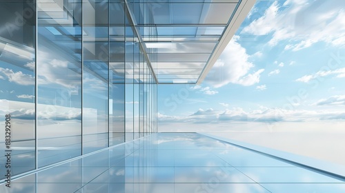 Wall of building  modern architecture with metal elements  building with transparent ceiling  sky view. Modern house  office  building  with metal wall and open sky. 3D render. 