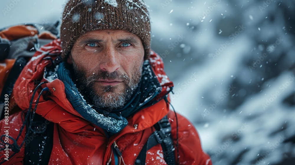 adventure mountain man in snow blizzard adventure mountain man in snow blizzard