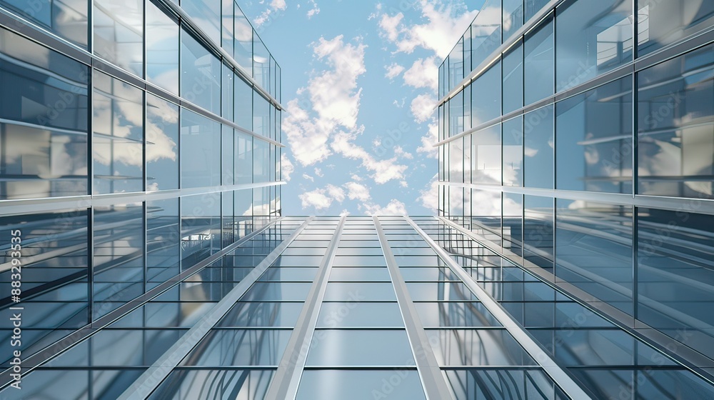 Wall of building, modern architecture with metal elements, building with transparent ceiling, sky view. Modern house, office, building, with metal wall and open sky. 3D render. Wall of building, modern architecture with metal elements, building with transparent ceiling, sky view. Modern house, office, building, with metal wall and open sky. 3D render.
