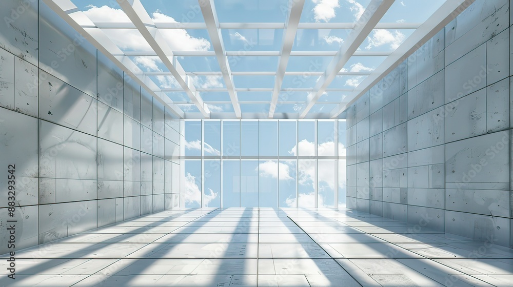 Obraz premium Wall of building, modern architecture with metal elements, building with transparent ceiling, sky view. Modern house, office, building, with metal wall and open sky. 3D render. 