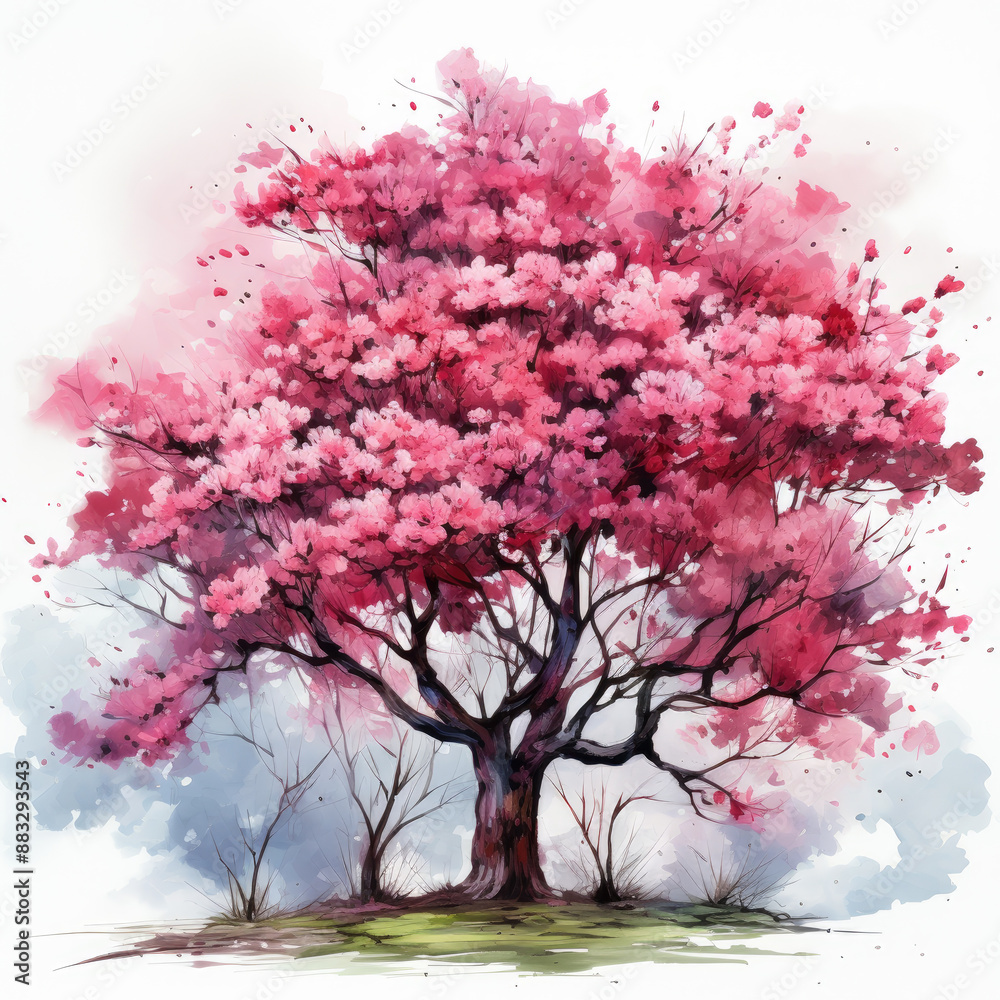 Watercolor Abstract Blossom Tree Illustration, Generative Ai Watercolor Abstract Blossom Tree Illustration, Generative Ai