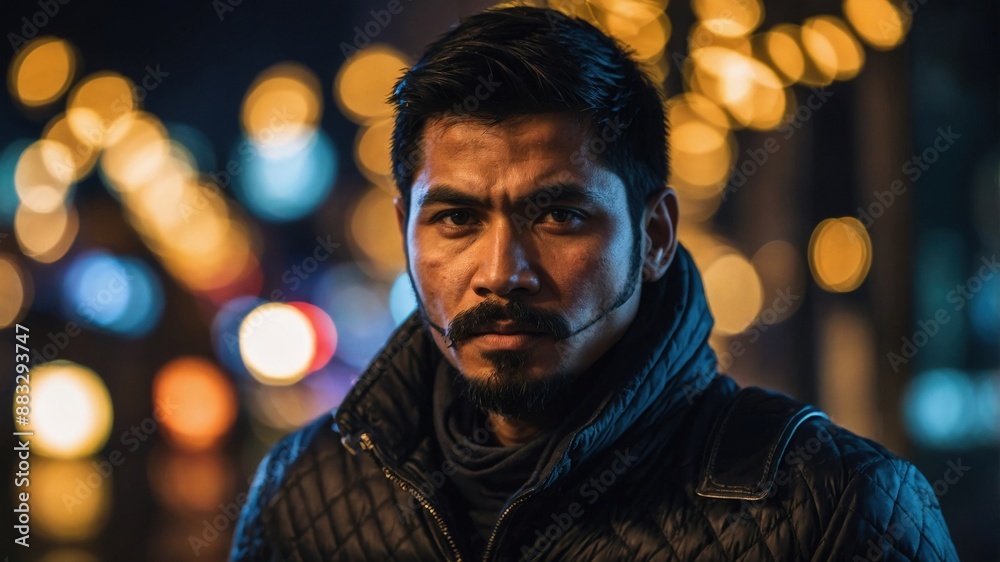 A serious man with a mustache and beard stands in a city at night, with colorful lights blurred in the background.
A serious man with a mustache and beard stands in a city at night, with colorful lights blurred in the background.