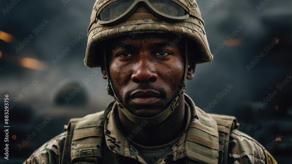 Fototapeta premium An intense soldier in combat gear stands in a combat zone, with smoke and explosions in the background, highlighting the realities of warfare. 