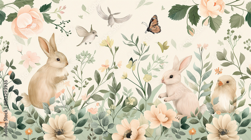 A painting of a field with rabbits, birds, and butterflies A painting of a field with rabbits, birds, and butterflies