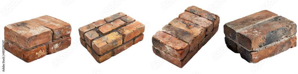 High-resolution image of four rustic bricks against a transparent background, showcasing texture and color variation for design and construction projects.