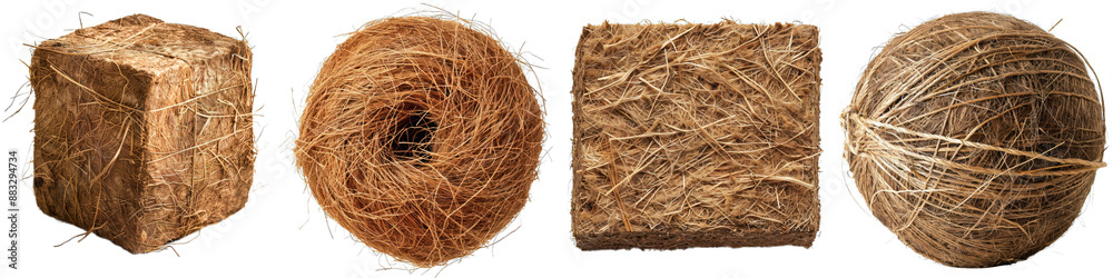 Collection of various shapes of brown twine strings arranged creatively against a transparent background, demonstrating texture and form. Collection of various shapes of brown twine strings arranged creatively against a transparent background, demonstrating texture and form.