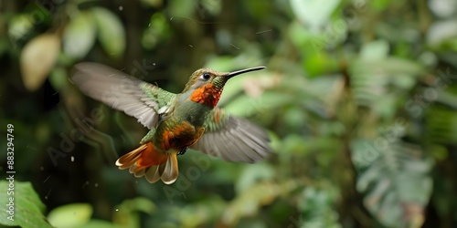 A Rufous-crested Coquette in the cloud forest of Manu National Park, Peru, in flight. Concept Birdwatching, Wildlife Photography, Peru, Manu National Park, Rufous-crested Coquette photo